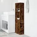 Armoire de salle de bain étroite avec roulettes chêne fumé