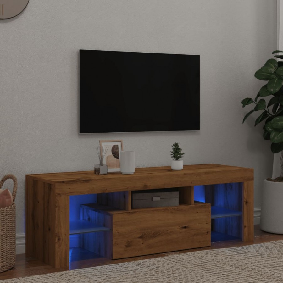 Meuble TV avec lumières LED chêne artisanal bois d'ingénierie