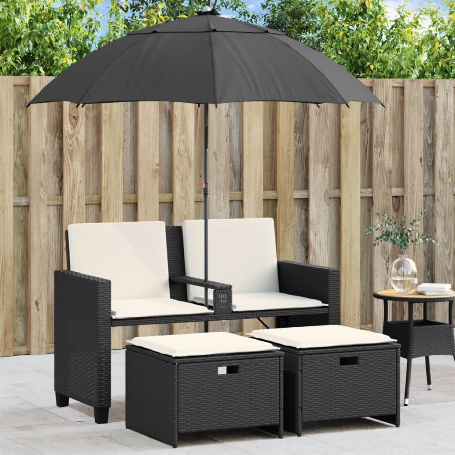 Canapé de jardin 2 places avec parasol et tabourets noir rotin