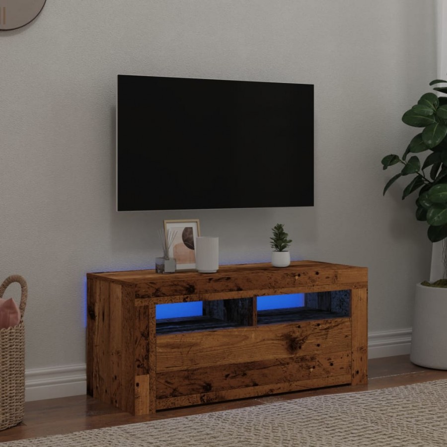 Meuble TV avec lumières LED vieux bois bois d'ingénierie