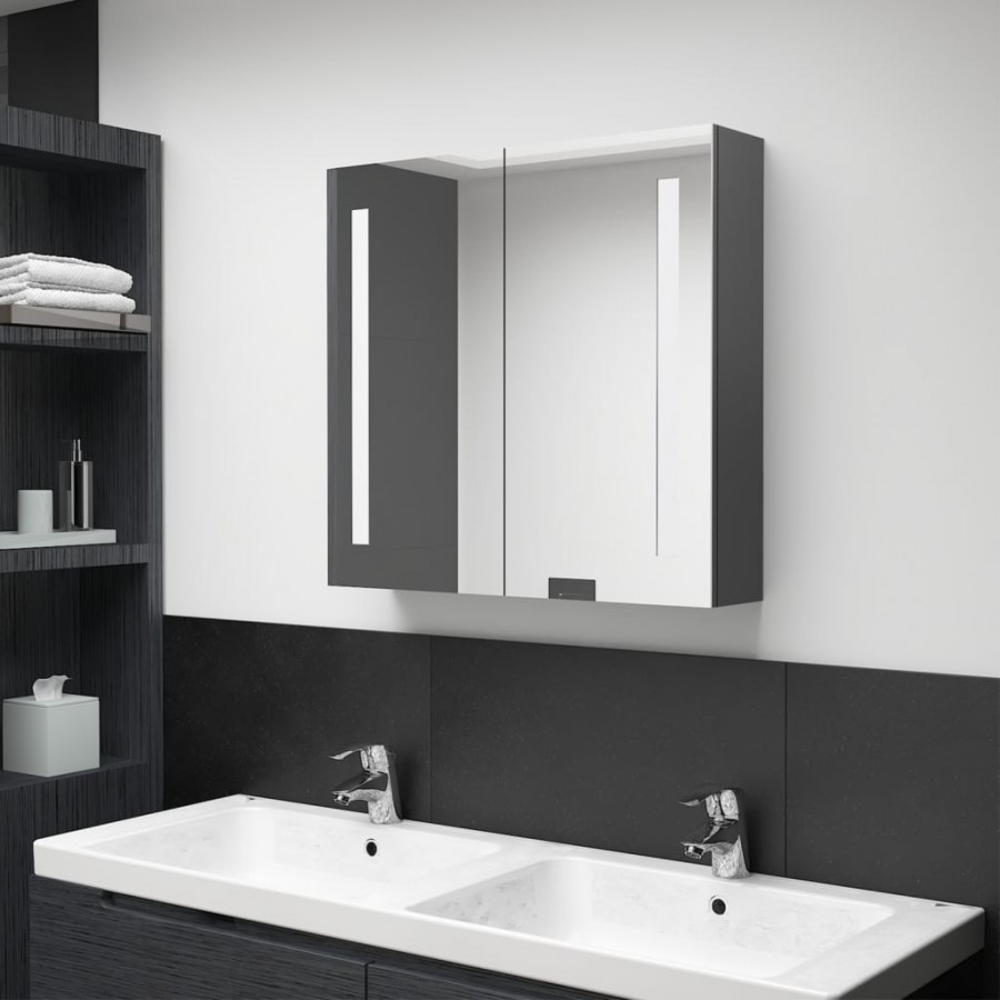 Armoire de salle de bain à miroir LED Gris 62x14x60 cm