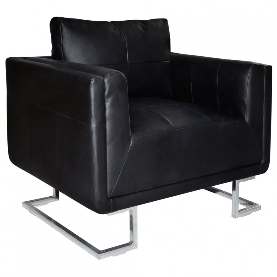 Fauteuil cube avec pieds chromés Noir Similicuir