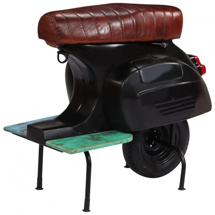 Chaise de bar scooter Noir Cuir véritable et bois recyclé