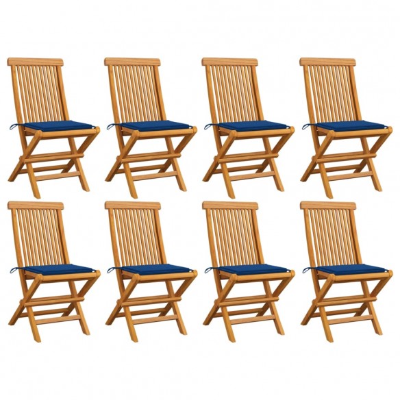 Chaises de jardin avec coussins bleu royal lot de 8 Teck massif