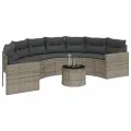 Canapé de jardin table coussins demi-rond gris résine tressée