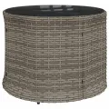 Canapé de jardin table coussins demi-rond gris résine tressée