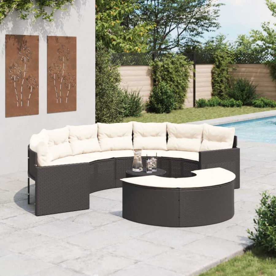 Salon de jardin 3 pcs demi-rond noir résine tressée