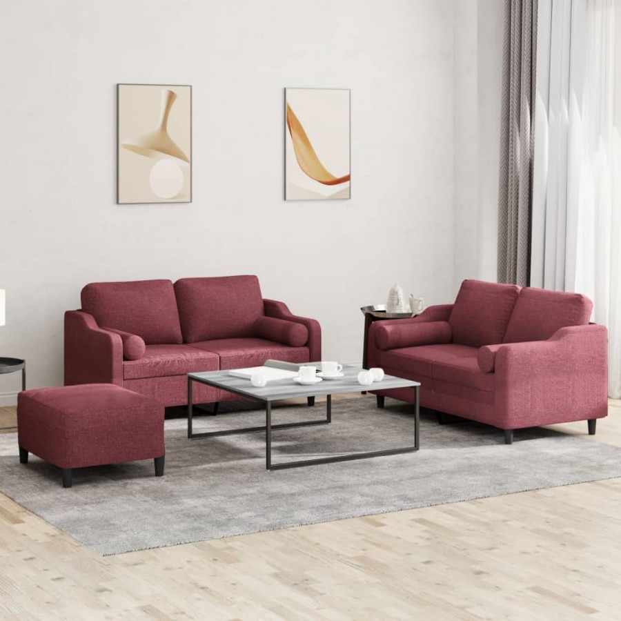 Ensemble de canapés 3 pcs avec coussins rouge bordeaux tissu