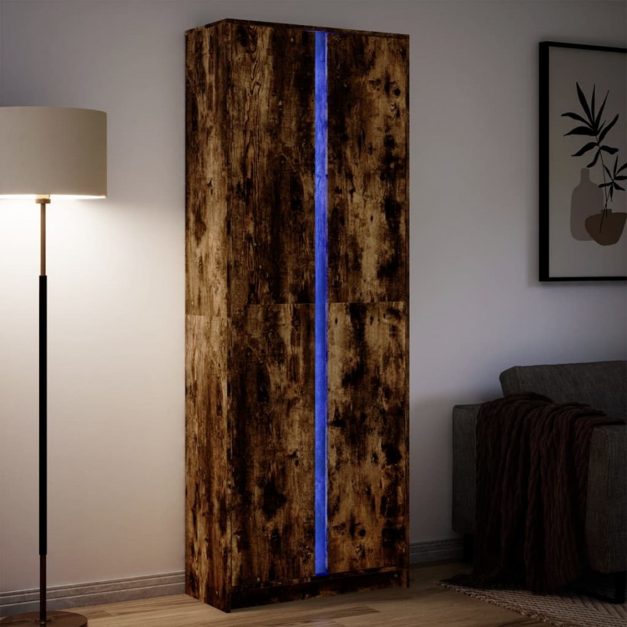 Buffet haut avec LED chêne fumé 74x32,5x200cm bois d’ingénierie