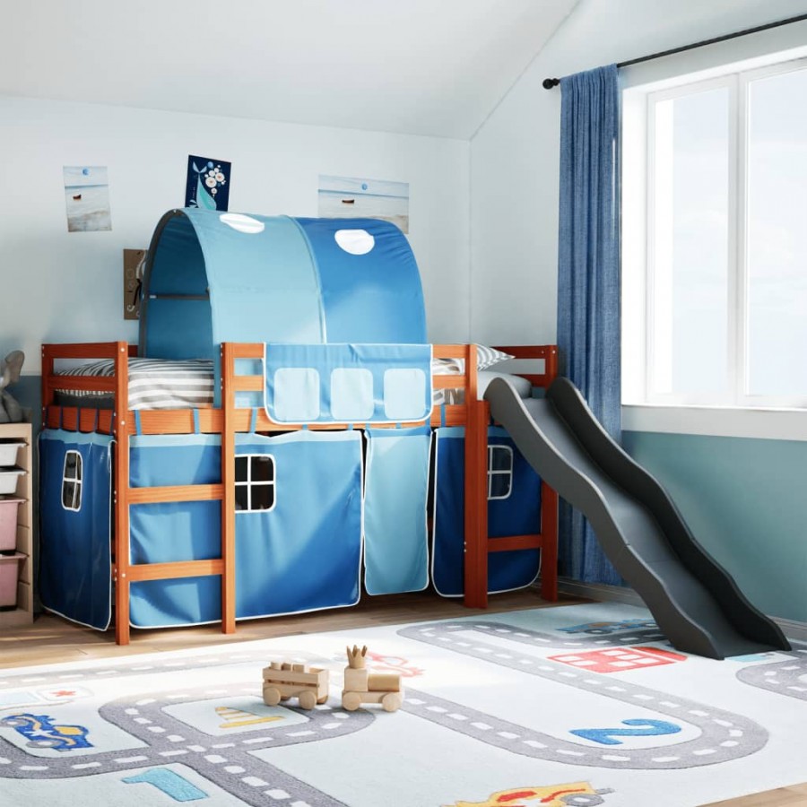 Lit mezzanine enfants avec tunnel bleu 80x200cm bois pin massif