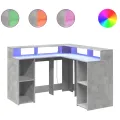 Bureau et lumières LED gris béton 130x130x91cm bois ingénierie