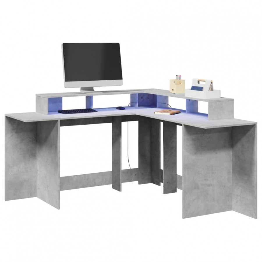 Bureau et lumières LED gris béton 152x152x91cm bois ingénierie