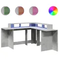 Bureau et lumières LED gris béton 152x152x91cm bois ingénierie