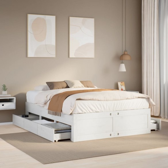 Cadre de lit sans matelas avec tiroirs blanc 160x200cm bois pin