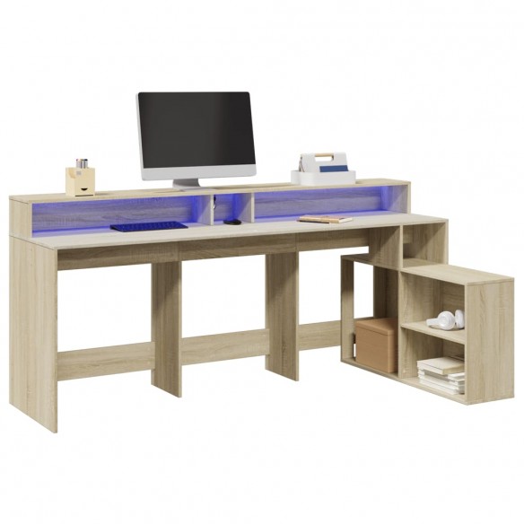 Bureau avec lumières LED chêne sonoma bois d'ingénierie