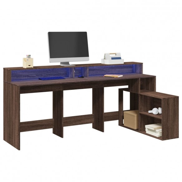 Bureau et lumières LED chêne marron bois d'ingénierie