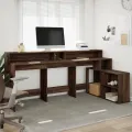 Bureau et lumières LED chêne marron bois d'ingénierie
