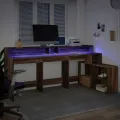 Bureau et lumières LED chêne marron bois d'ingénierie
