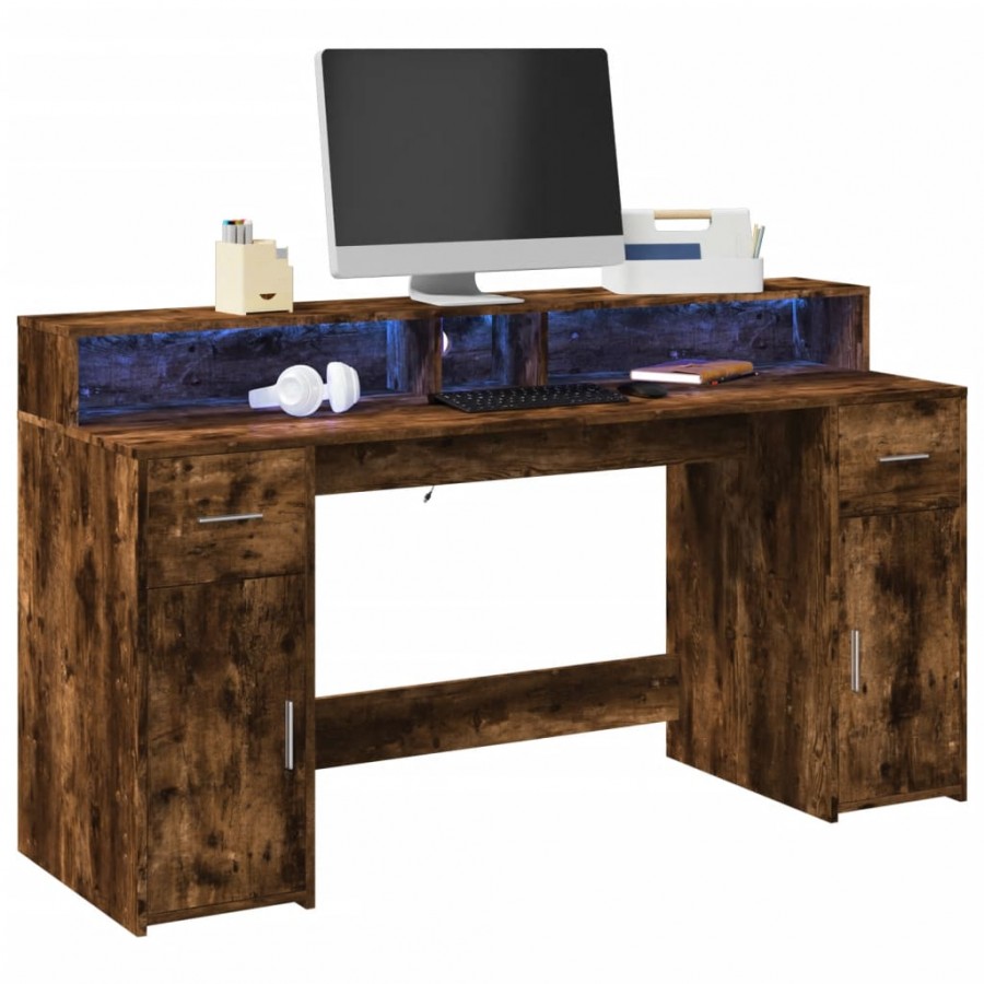 Bureau et lumières LED chêne fumé 160x55x91cm bois d'ingénierie