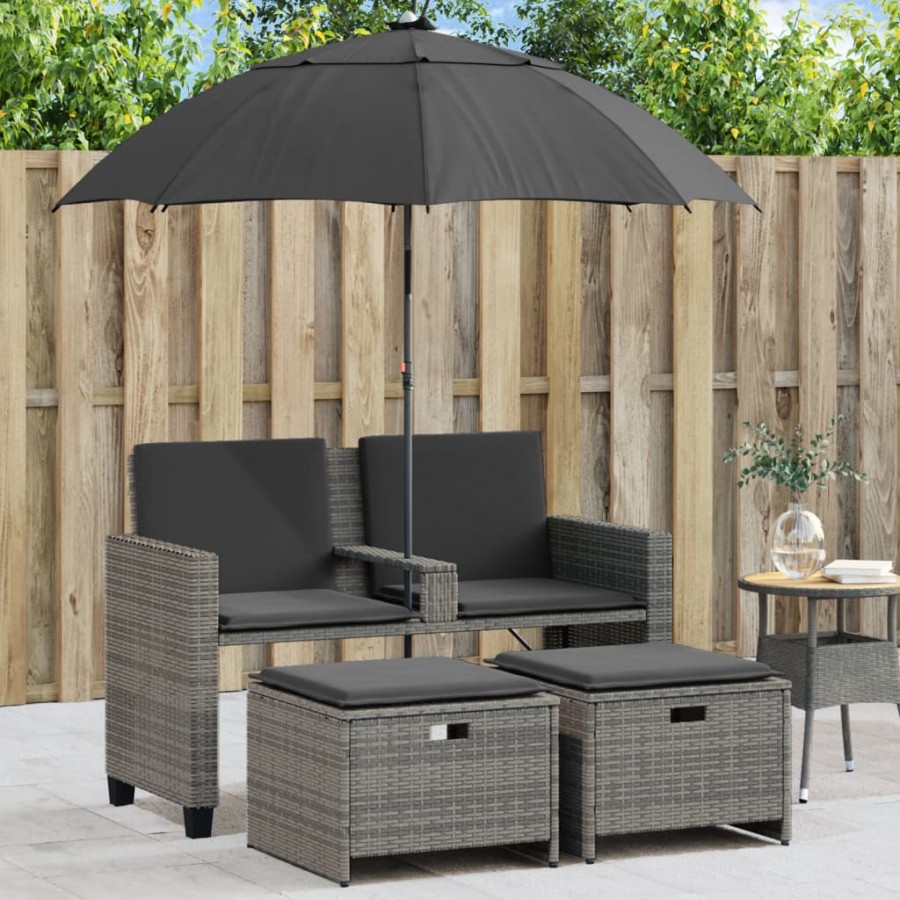 Canapé de jardin 2 places avec parasol et tabourets gris rotin