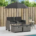 Canapé de jardin 2 places avec parasol et tabourets gris rotin