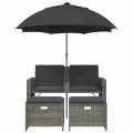 Canapé de jardin 2 places avec parasol et tabourets gris rotin