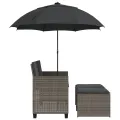 Canapé de jardin 2 places avec parasol et tabourets gris rotin