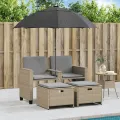Canapé de jardin 2 places avec parasol et tabourets beige rotin
