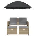 Canapé de jardin 2 places avec parasol et tabourets beige rotin