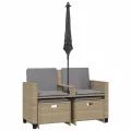 Canapé de jardin 2 places avec parasol et tabourets beige rotin