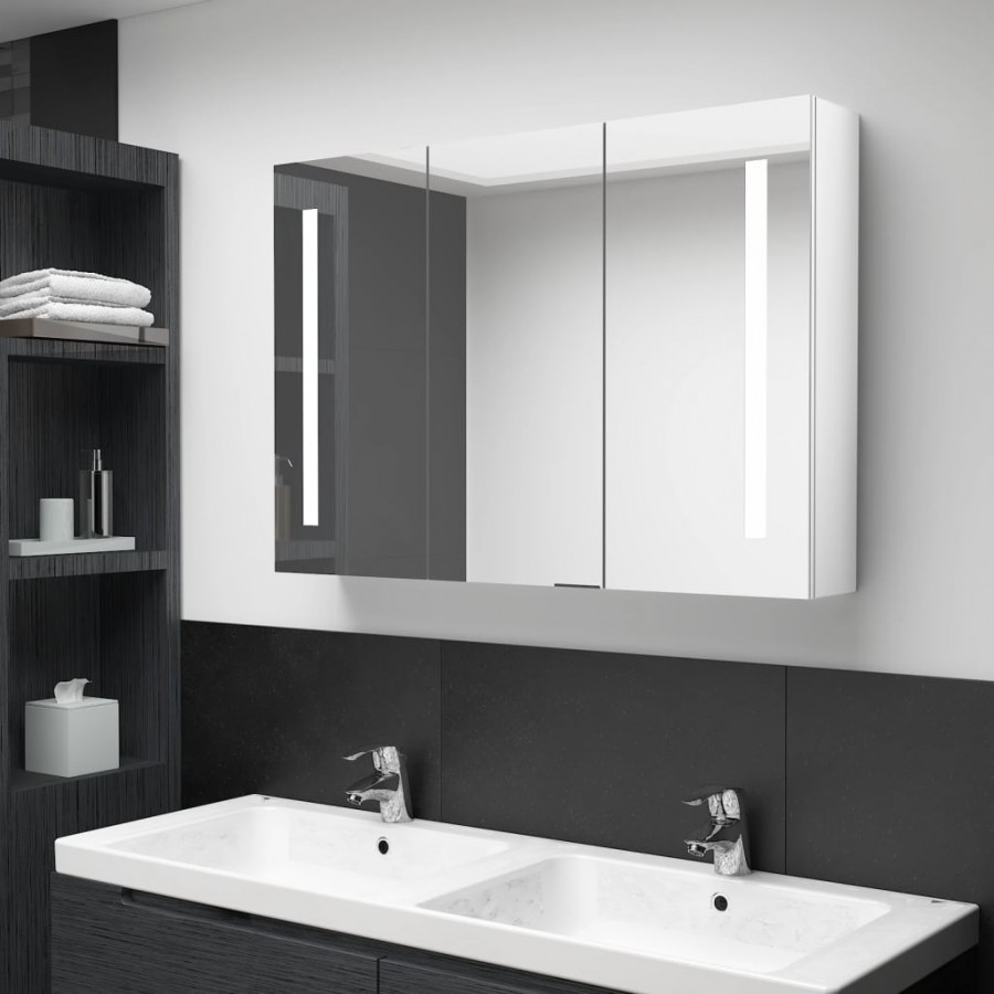 Armoire de salle de bain à miroir LED 89x14x62cm Blanc brillant