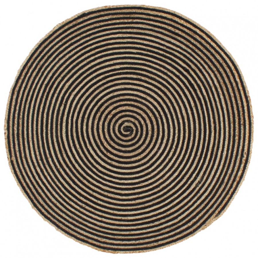 Tapis fait à la main Jute avec design de spirale Noir 120 cm