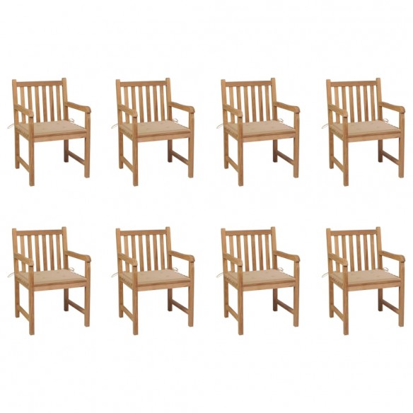 Chaises de jardin lot de 8 avec coussins beige Bois teck massif