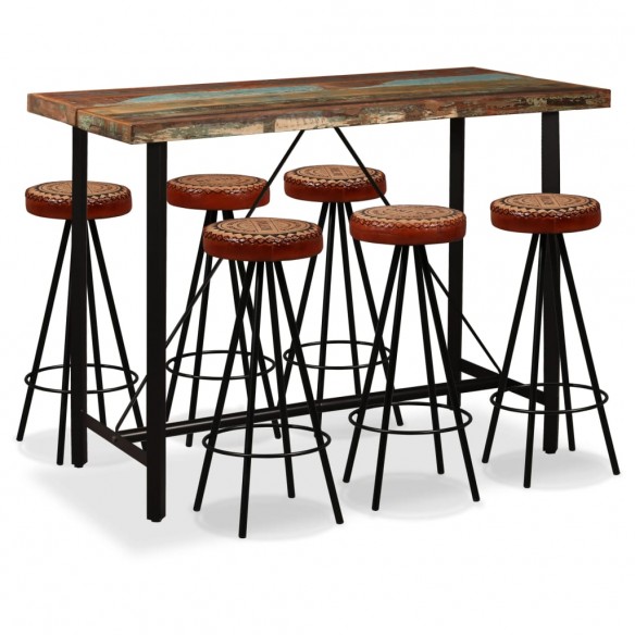 Ensemble de bar 7 pcs Bois de récupération Cuir véritable et toile