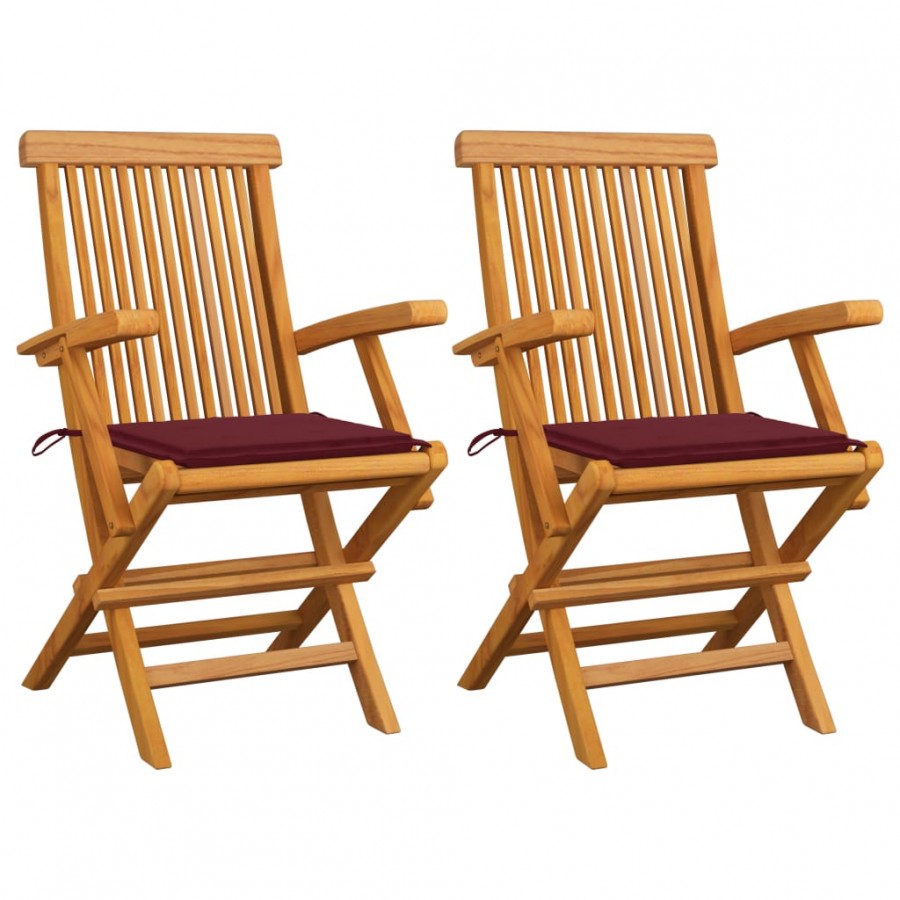 Chaises de jardin coussins rouge bordeaux lot de 2 Teck massif