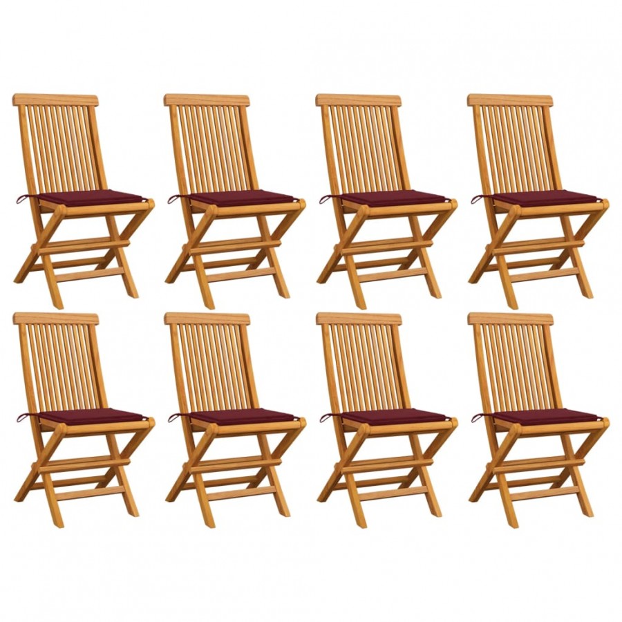 Chaises de jardin avec coussins bordeaux lot de 8 Teck massif