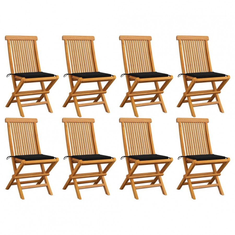 Chaises de jardin et coussins noir lot de 8 Bois de teck massif