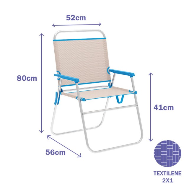 Marbueno Silla Plegable Aluminio Beige/Azul Playa y Piscina 56X52X80 c