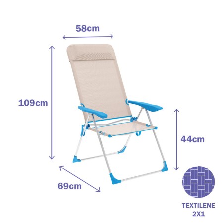 "Marbueno Chaise Pliante 5 Positions Aluminium avec Coussin Beige/Bleu
