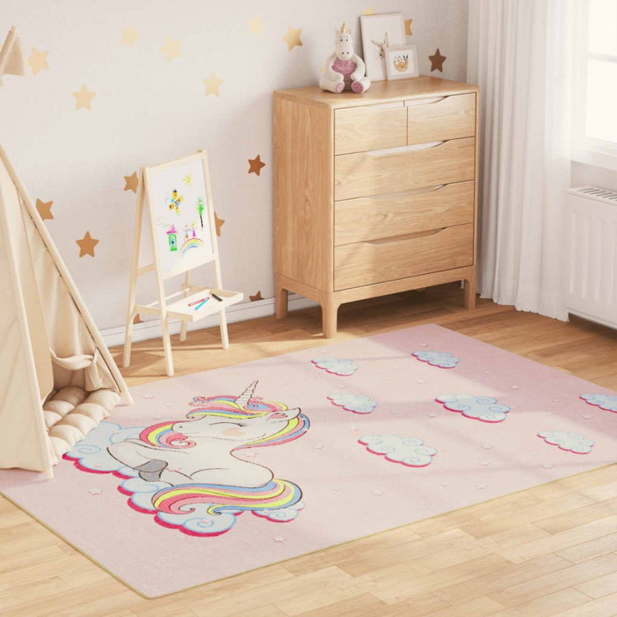 Tapis enfants rose 160x230 cm licorne antidérapant lavable