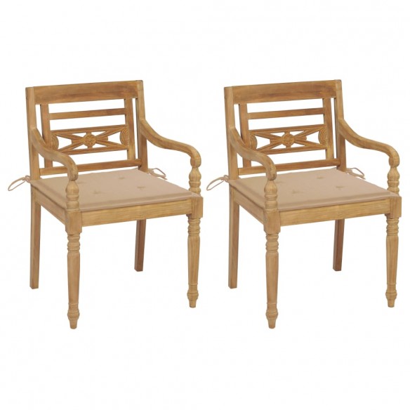 Chaises Batavia lot de 2 et coussins beige Bois de teck massif