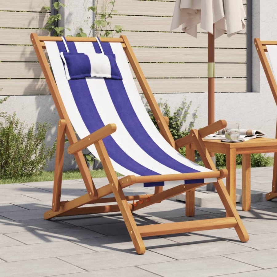 Chaise de plage pliable bleu et blanc bois d'eucalyptus/tissu