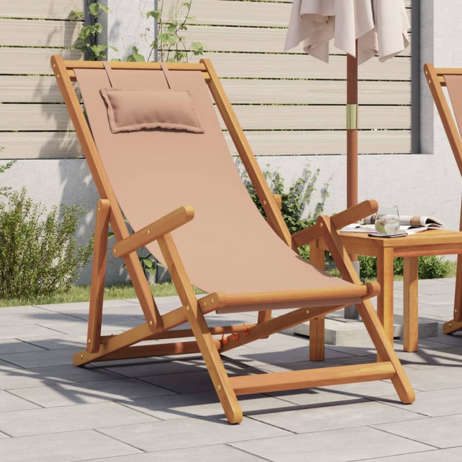 Chaise pliable de plage taupe bois d'eucalyptus massif et tissu