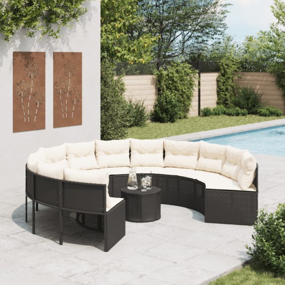 Canapé de jardin avec table coussins rond noir résine tressée