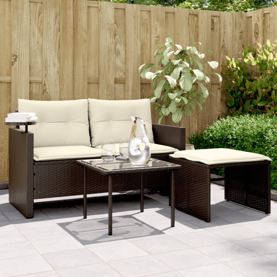 Salon de jardin avec coussins 3 pcs marron résine tressée