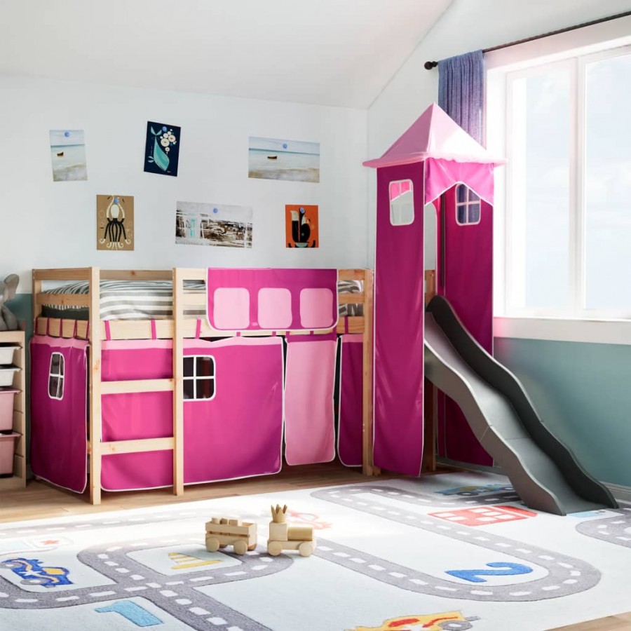 Lit mezzanine enfants avec tour rose 80x200cm bois pin massif