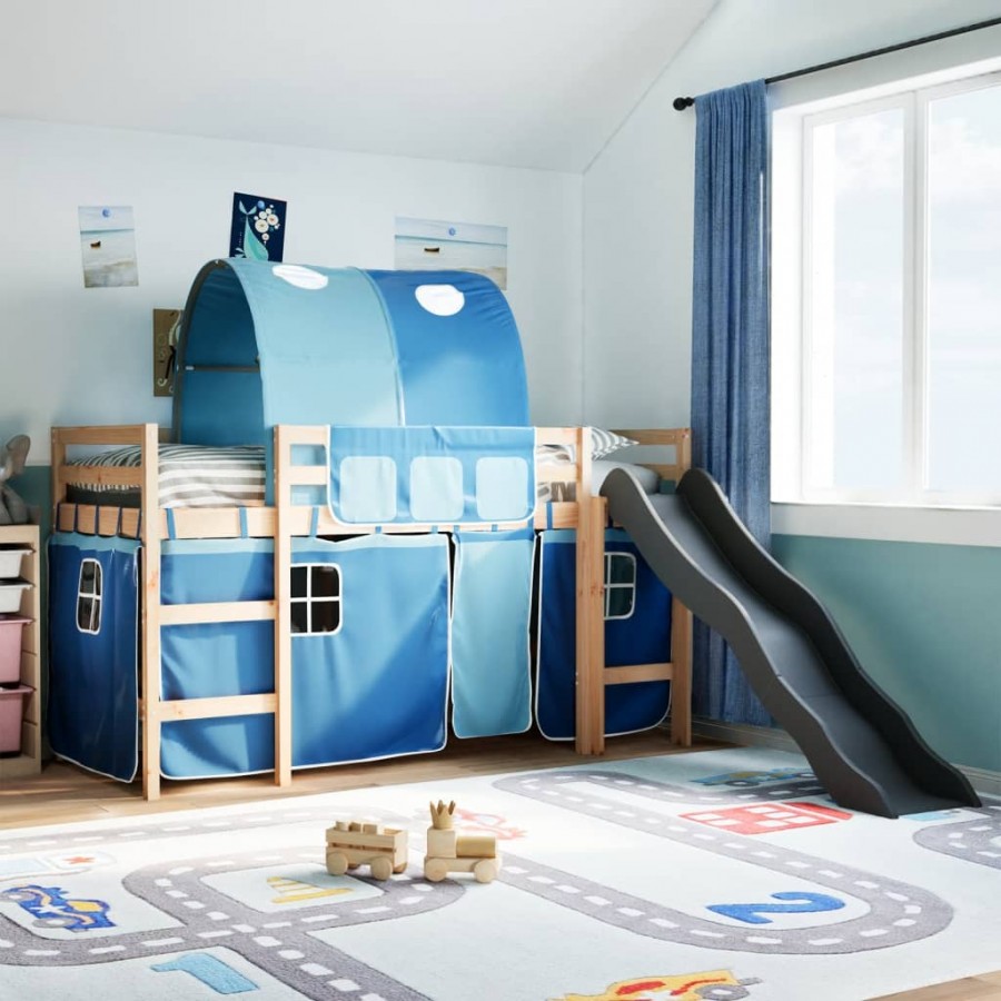 Lit mezzanine enfants avec tunnel bleu 80x200cm bois pin massif