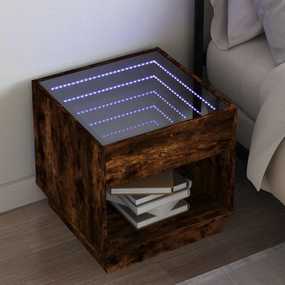 Table de chevet avec LED infini chêne fumé 50x50x50 cm