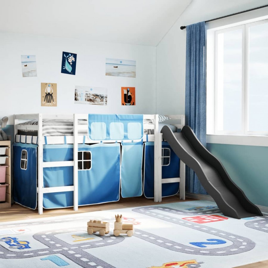 Lit mezzanine enfants et rideaux bleu 90x190cm bois pin massif