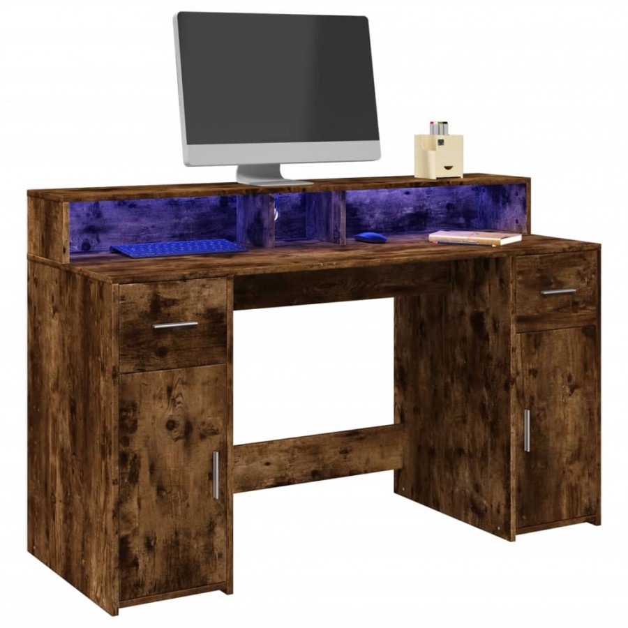 Bureau et lumières LED chêne fumé 140x55x91cm bois d'ingénierie